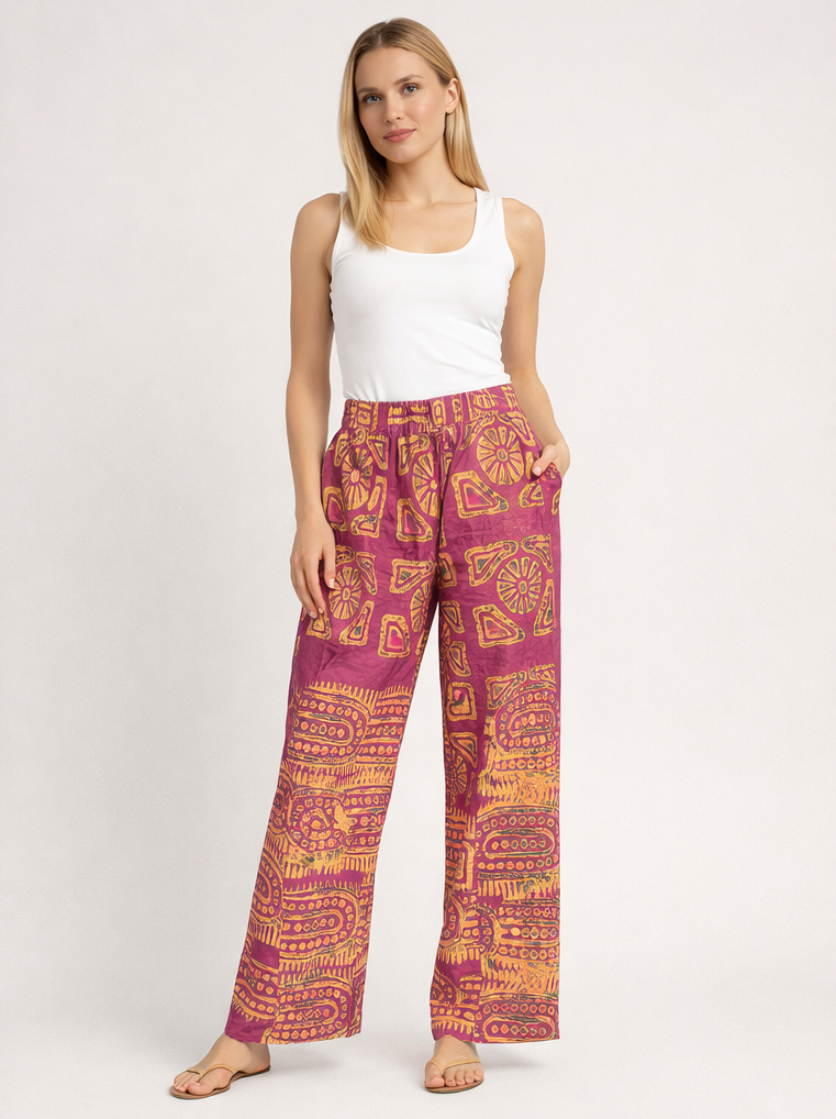 Pink & Gold African Print Wide-Leg Pants – Unisex Ankara Statement Trousers