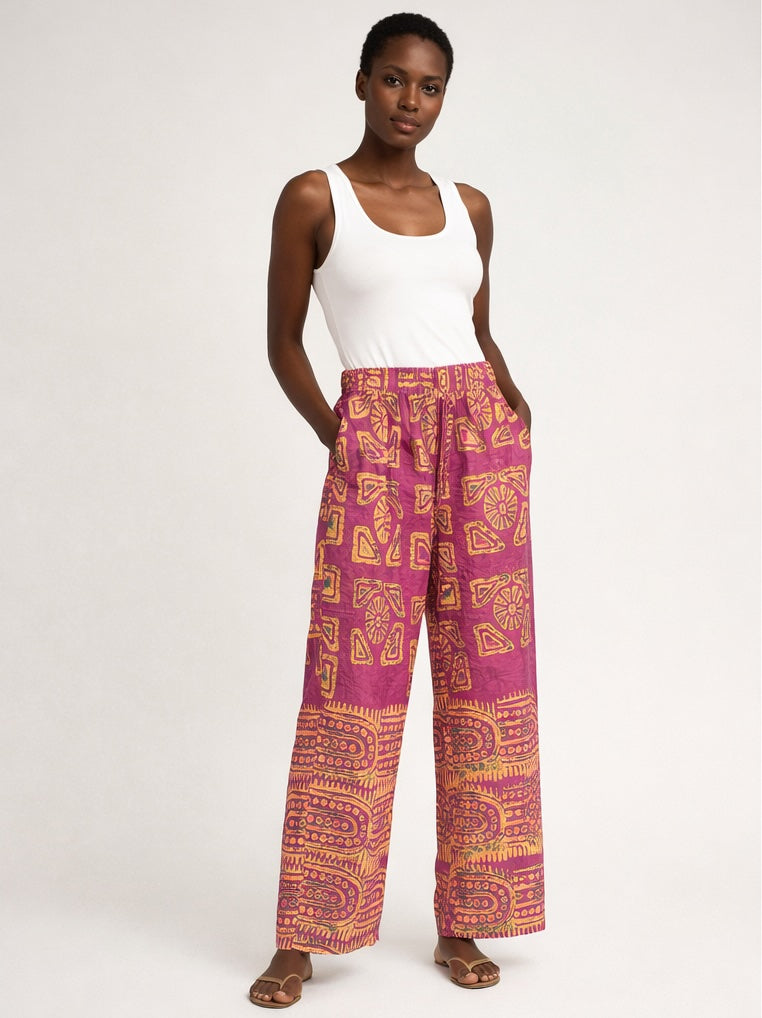 Pink & Gold African Print Wide-Leg Pants – Unisex Ankara Statement Trousers